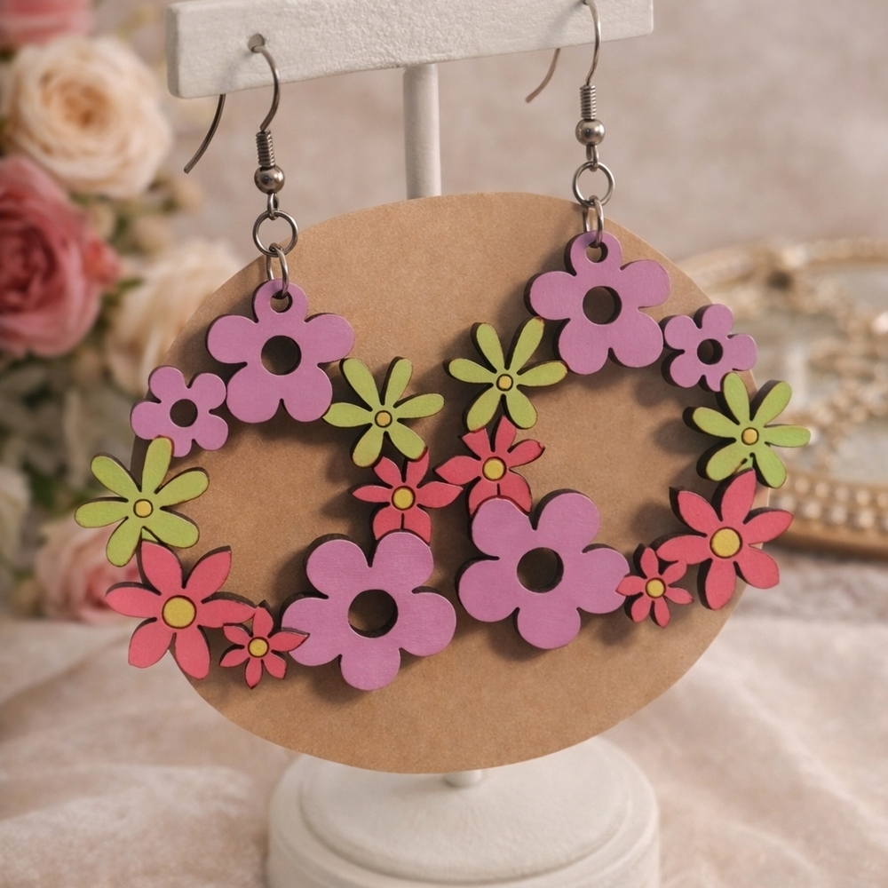 Hand-Painted Floral Wooden Earrings - Pink, Green, and Purple